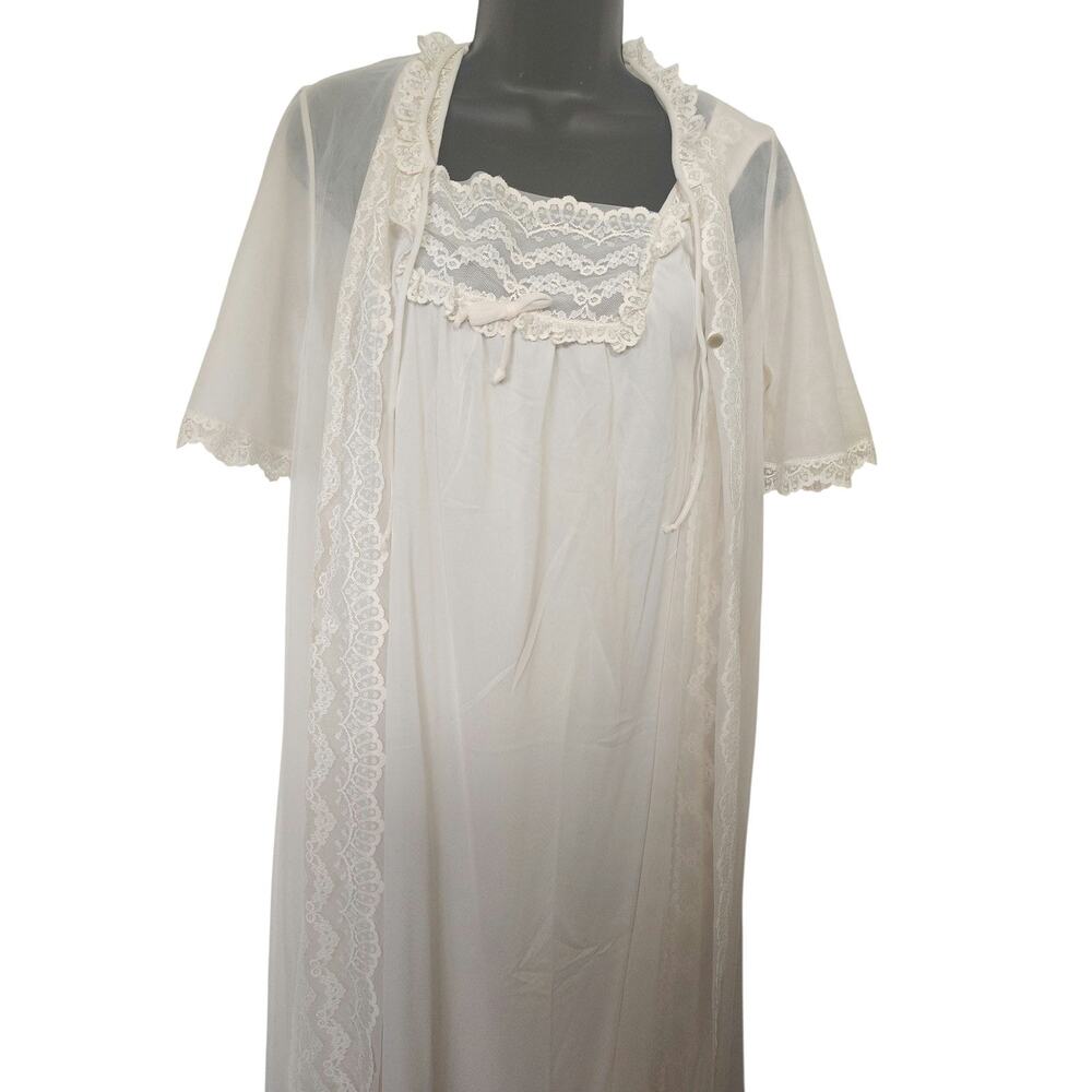 Vintage Sheer Lace Nightgown Set Sm Buttercream Bridal Cottagecore Lingerie Robe - Picture 5 of 9